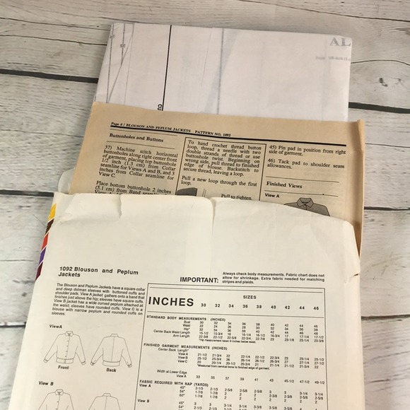Vintage Stretch & Sew 1092 Blouson & Peplum Jacket Sewing‎ Pattern Bust Sz 30-46 - Picture 11 of 11